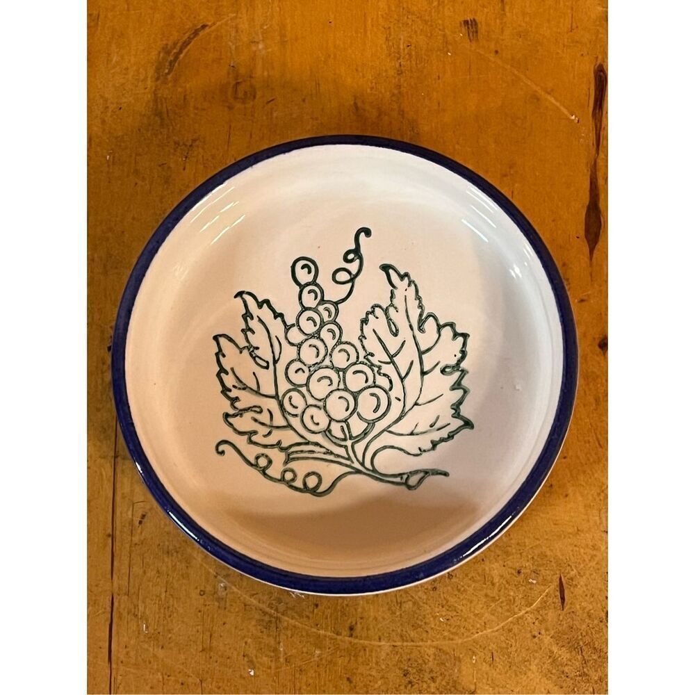Vtg Italian Pottery Grapes Leaves Blue Green Coaster Jewelry Holder (6082)